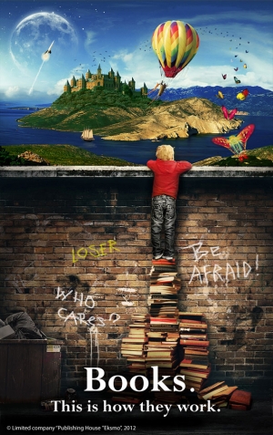 Boy standing on books poster